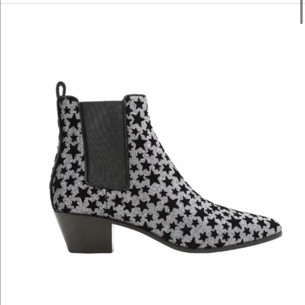 Saint Laurent Women Black Silver Glitter Suede Stars Ankle Cowboy Boot